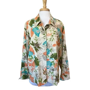 Blusa para mujer Sag Harbor 18 Aqua Coral floral beige mezcla de lino abotonada - Imagen 1 de 5