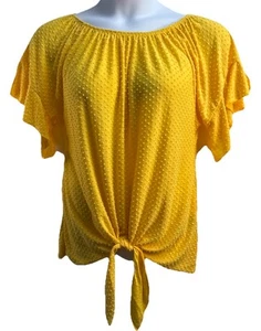 Zac & Rachel Women's XL Yellow Dotted Swiss Ruffle Short Sleeve Tie Front EUC - Picture 1 of 6