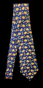 Hermes Men's Navy Blue Silk Tie w PUMPKINS Fall Halloween France 7519 IA - Bild 1 von 7