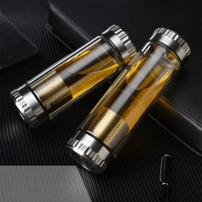 Tragbare Glas-Tee-Wasserflasche mit Doppelwand, Infuser und Becher - Bild 1 von 4