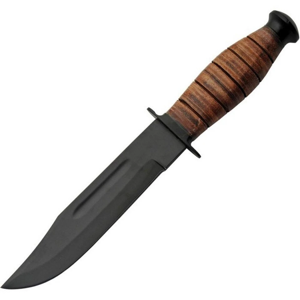 Pakistan Military Bowie Knife Black Steel Blade Stacked Leather Handle - 203529