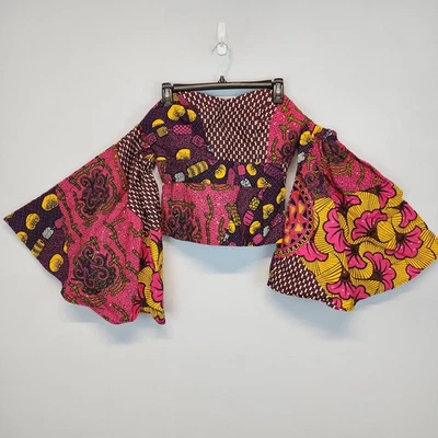 Womens African Ankara Top Size S Flare Sleeve Multicolor Handmade Psychedelic - Image 1 of 4