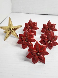 Vintage Weihnachten Serviettenringe Set Rot Metall Weihnachtsstern 5 Stück + Gold Stern Halter - Bild 1 von 11