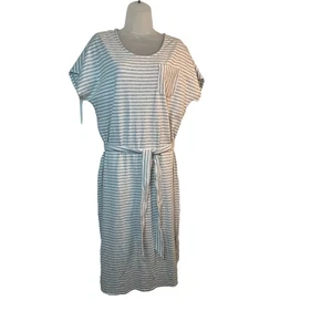 Lands’ End TShirt Tie Belt Dress Gray White Striped Cotton-blend Medium - Picture 1 of 14