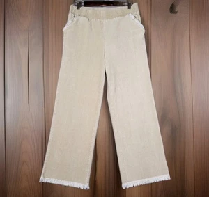 UMGEE Corduroy Pants Women's Large Beige Wide Leg Pull On Elastic Waist Raw Hem - Picture 1 of 6