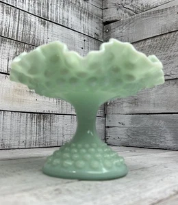 Fenton 5.5" T 8" D Compote Hobnail Creamy Green Milk Glass Ruffled EUC 💚 - Picture 1 of 18