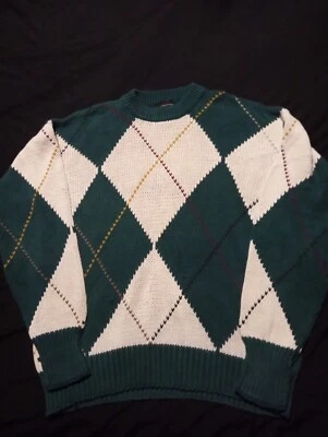 Structure Pullover Sweater Men's L Long Sleeve Green White Argyle Diamond - Image 1 of 4