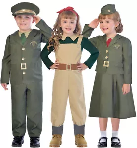 Kids Girls Boys WW2 Soldier Costume Army Officer 1940s Fancy Dress Outfit School - Picture 1 of 15