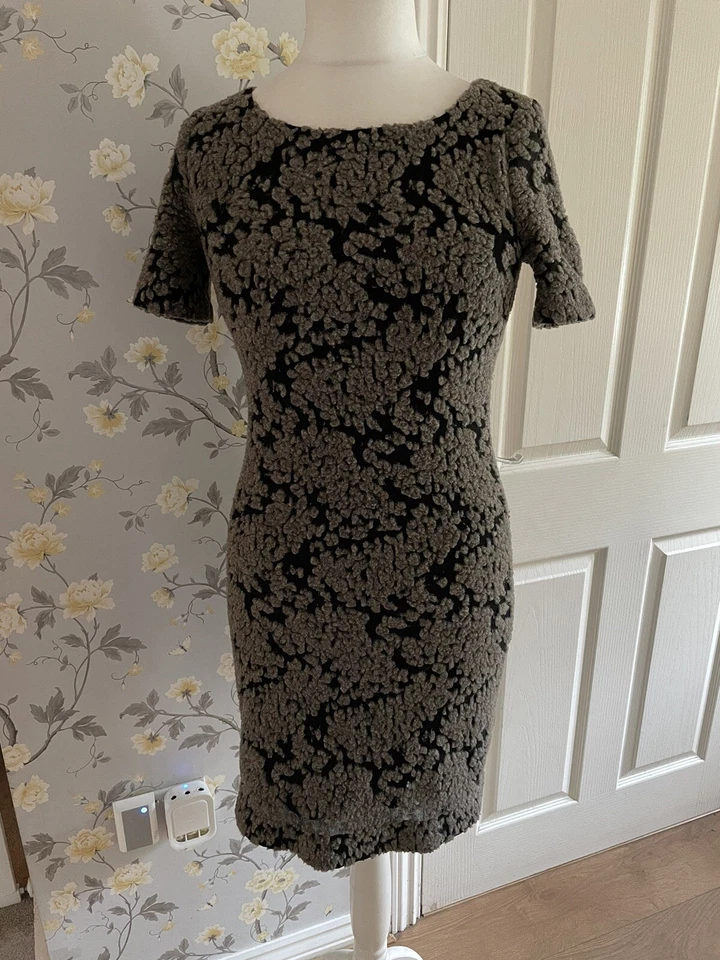 Phase Eight Flocked Straight Shift Dress Size 8 Black & Beige Wool Blend Office - Image 1 of 4