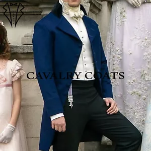 New Men Blue Wool Colin Bridgerton Regency Tailcoat, 18th Century Victorian Coat - Picture 1 of 4