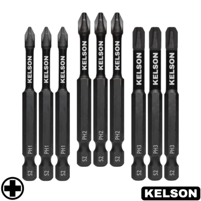 9 x Mixed 75mm Phillips PH1 PH2 PH3 Impact Screwdriver Bits Long 1/4" KELSON - Image 1 of 4