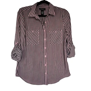 Grace The Perfect Fit Long Rollover Sleeve Black Pink Striped Blouse Size S - Picture 1 of 5
