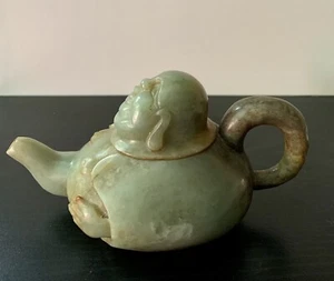 Antique Chinese Natural Jadeite Carved Teapot Smiling Buddha 1.52 Lbs - Picture 1 of 14