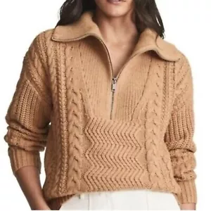 NWT Reiss Alexis Half Zip Cable Knit Camel Sweater Wool Blend Long Sleeve Size S - Picture 1 of 14