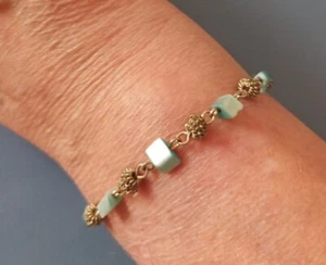 Pale Green Blue Shell & Filigree Silvertone Links Bracelet. Boxed Gift Idea - Picture 1 of 18