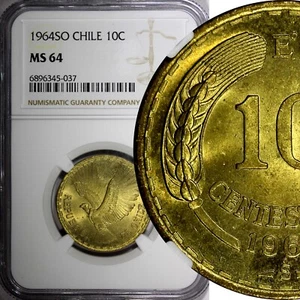CHILE Aluminum-Bronze 1964 SO 10 Centesimos NGC MS64 KM# 191 (037) - Picture 1 of 5