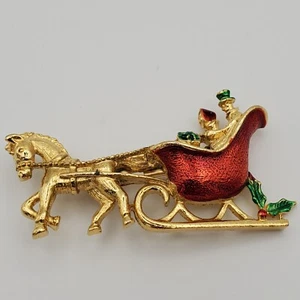 Gerrys Christmas Sleigh Brooch Red Green Gold Tone Horse Couple Holiday Jewelry - Picture 1 of 5