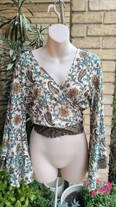 TREE OF LIFE Recycled Sari Wrap Top Boho Hippie Teal Brown Easy fit SML - Picture 1 of 12