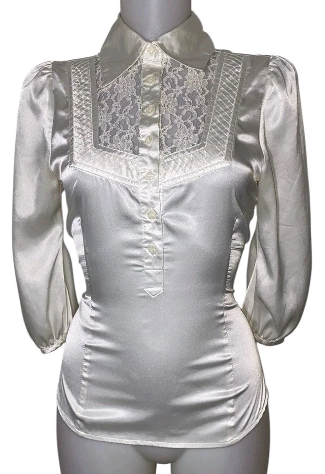 Top Y2k Años 90 Mujer Victoriano Marfil Satinado Encaje Volantes Gótico Grunge Bruja Talla S Foto 1 de 4