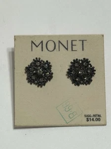 Vintage Monet Black Rhinestones Snowflake Pierced Earrings Silver Post - Picture 1 of 4