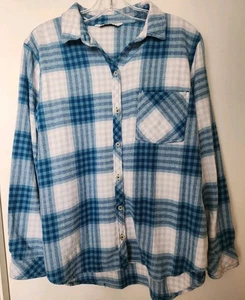 Sonoma Womens Large Blue Plaid Flannel Button Down Long Sleeve Shirt - Picture 1 of 3