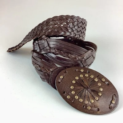 Boho Brown Leather Braided Belt Hand Tooled Buckle Small - Image 1 of 4