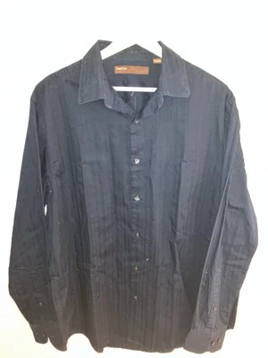 Camisa social masculina Perry Ellis azul escura manga longa abotoada tamanho G 100% algodão - Imagem 1 de 4