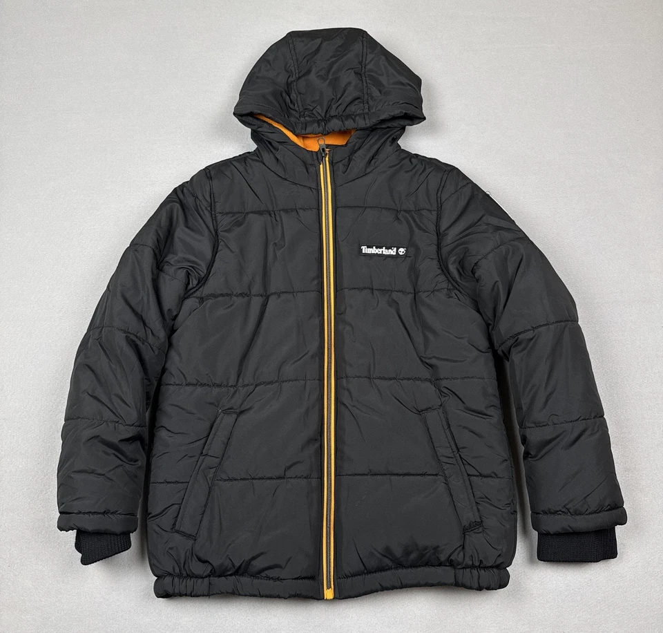 Chaqueta Timberland Juvenil Grande 14-16 Negra Naranja Con Capucha Puffer Forrada de Vellón Foto 1 de 4