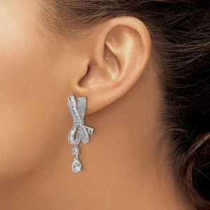 925 Sterling Silver Bow Tie Bowtie Dangle Drop earrings with Cubic Zirconia - Picture 1 of 5