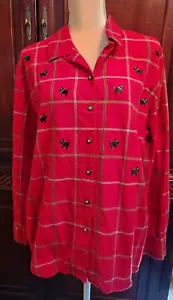 Karen Scott Red Plaid Scottie Dog Button Down Shirt Size 1X Long Sleeve - Picture 1 of 6