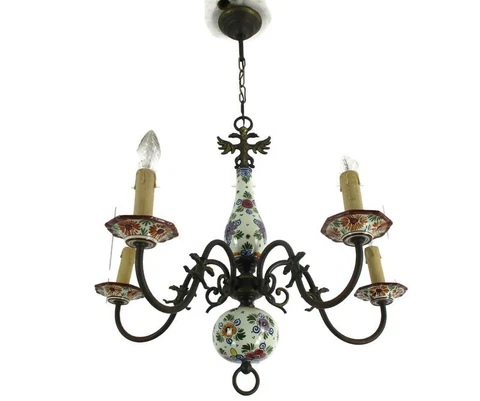 Vintage Delft Polychrome Porcelain Brass chandelier 5 lights Marked HTF Flowers Cover