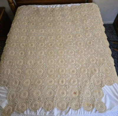 Antique Crochet Queen Sized Bedspread Coverlet Bedroom Blanket Handmade Stained - Image 1 of 4