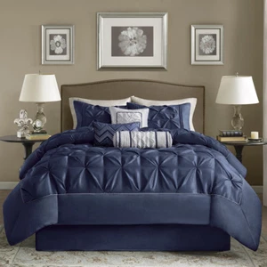 NEW! ~ BEAUTIFUL NAVY BLUE GREY SILK SHEEN PINTUCK SOFT RUFFLED COMFORTER SET - Picture 1 of 9