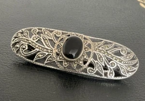 Spilla/spilla baffo vintage Art Déco argento sterling 925 onice nero e marcasite - Foto 1 di 6