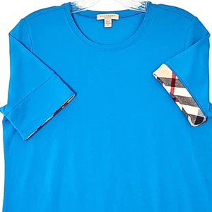 Burberry Brit Nova Check Cuff Tee T-Shirt Womens M Blue Short Sleeve Crew Neck - Picture 1 of 9