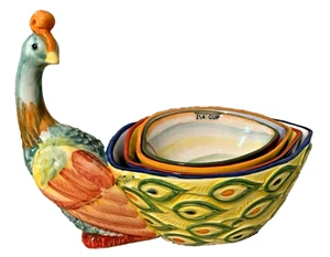 New Pier 1 Hand Painted Porcelain Peacock Nesting 4 pc Measuring Cup Set - Picture 1 of 7