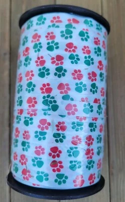 Ribbon Full Spool Paw Prints Dog Cat Green & Red Holiday Wrapping 3/8" X 250yd  - Image 1 of 4