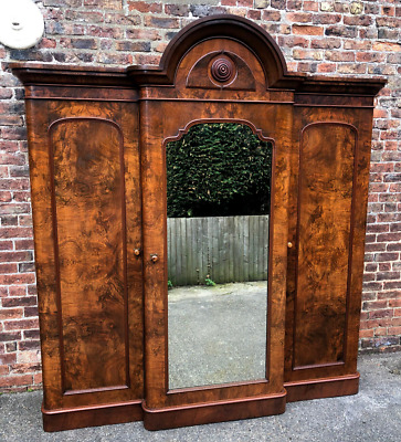 Stunning Antique Victorian Burr Walnut Triple Wardrobe With Fitted Interior. • 2103.50£