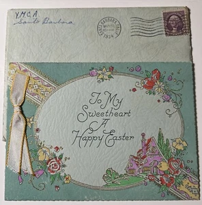 Tarjeta de felicitación de Pascua 1934 vintage a mi novia con sobre Santa Bárbara CA - Imagen 1 de 11