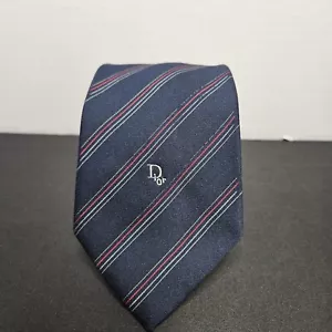 Vintage Christian Dior Mens Neck Tie Navy Striped - Picture 1 of 3