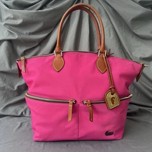 Dooney & Bourke Large FUCHSIA Nylon DILLEN Double Pocket Satchel British Tan EUC - Picture 1 of 21
