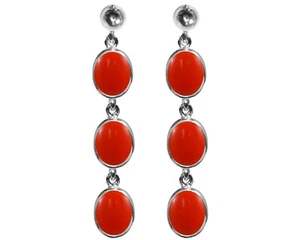 9ct Oro Blanco Natural Melocotón Coral Ovalado Triple Colgante Dormilonas Ru - Imagen 1 de 4