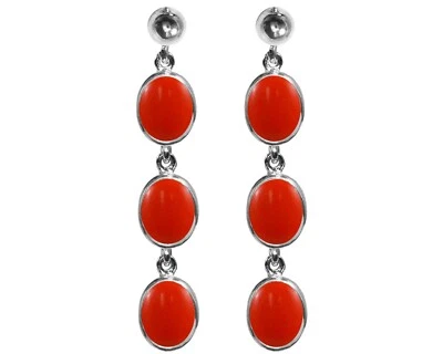 9ct White Gold Natural Peach Coral Oval Triple Dangling Stud Earrings British - Image 1 of 4