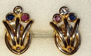 Hallmarked 9ct Yellow Gold  Pretty Blue & White Sapphire & Ruby Floral Earrings.
