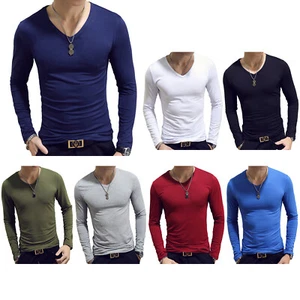 Men Long Sleeve V Neck Classic T-Shirt Casual Slim fit Top Workout Tees AU - Picture 1 of 19