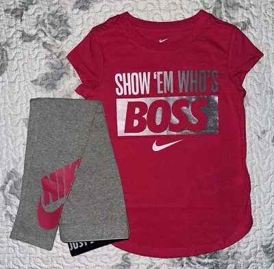 Conjunto de camiseta y leggings grises Nike rosa "Show Em Who's Boss" para niñas - talla/ 6 Foto 1 de 4