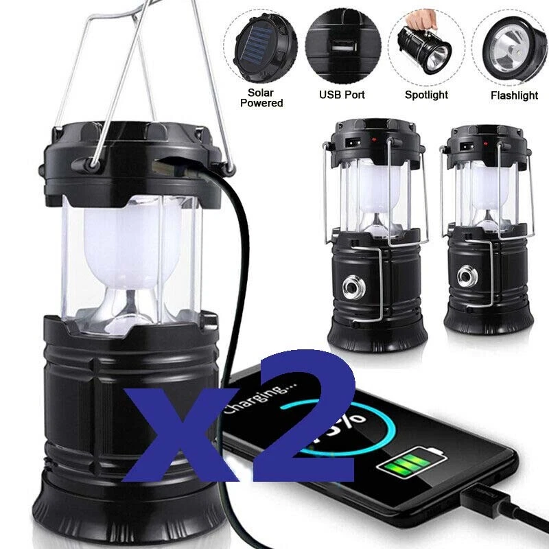 Linterna LED portátil solar 2 USB recargable tienda de campaña luz lámpara linterna Foto 1 de 4