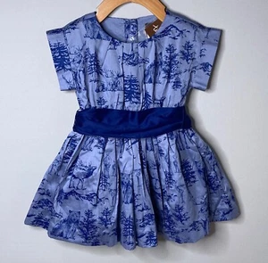 NWT TEA COLLECTION Blue Forest Toile Sash Dress Girls 2 Yrs Woodland Holiday - Picture 1 of 4