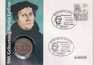 Deutschland 1990 Numisbrief 5 DM 500. Geburtstag Martin Luther Reformation - Bild 1 von 2