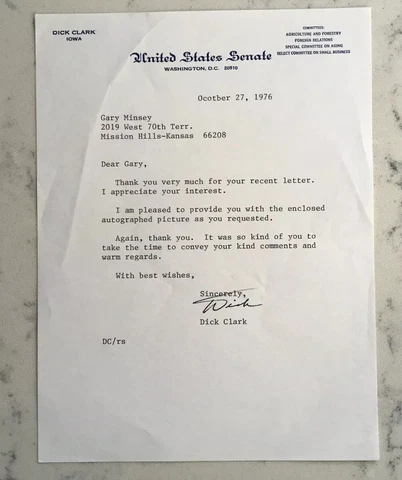 SENATOR DICK CLARK TLS TYPED LETTER SIGNED AUTOGRAPH DATED 1976 IOWA Cover